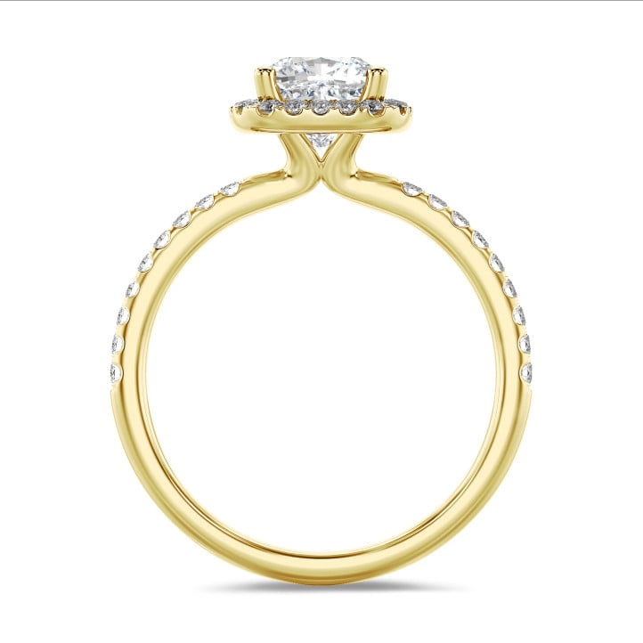 2.50 Karat Halo Solitärring mit laborgezüchtetem Diamant im Kissenschliff aus Gelbgold mit runden laborgezüchteten Diamanten