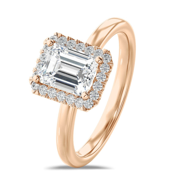 Search all PLP - 1.50 Karat Halo Solitärring mit laborgezüchtetem Diamant im Smaragdschliff aus Rotgold mit runden laborgezüchteten Diamanten