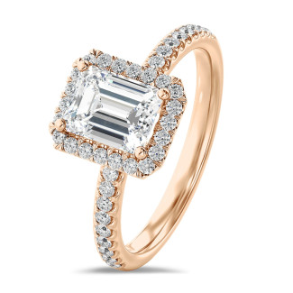 2.00 Karat Halo Solitärring mit laborgezüchtetem Diamant im Smaragdschliff aus Rotgold mit runden laborgezüchteten Diamanten