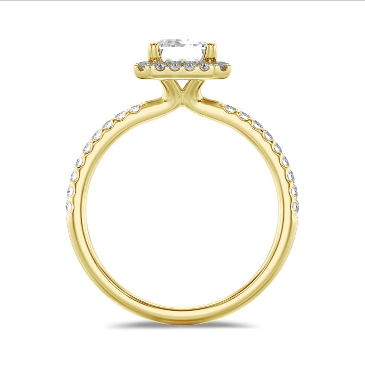 2.50 Karat Halo Solitärring mit laborgezüchtetem Diamant im Smaragdschliff aus Gelbgold mit runden laborgezüchteten Diamanten