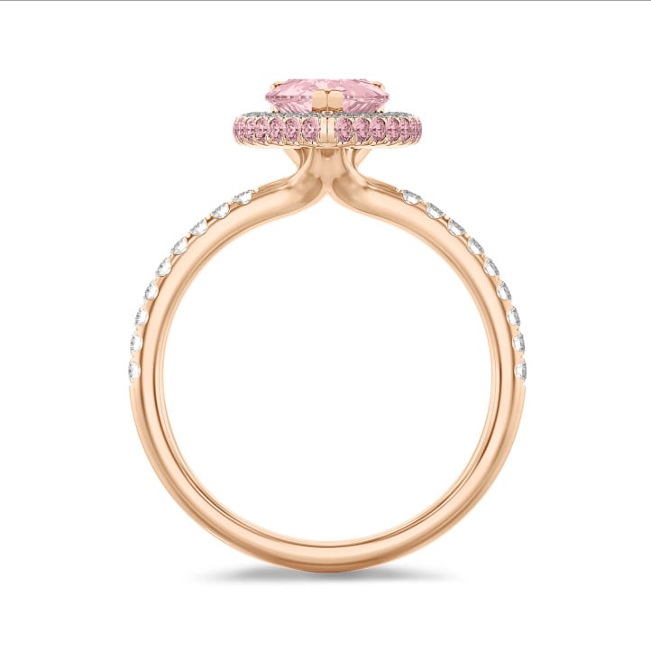 2.00 Karat Solitär weißer Halo-Ring mit seitlichem rosa Halo und laborgezüchtete rosa Tropfen-Diamant und kleinen Labordiamanten aus Rotgold