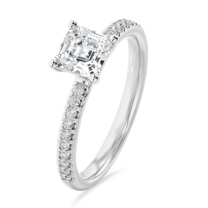 1.00 Karat Solitärring mit asscher geschliffenem Labordiamant aus Weißgold und kleinen Labordiamanten