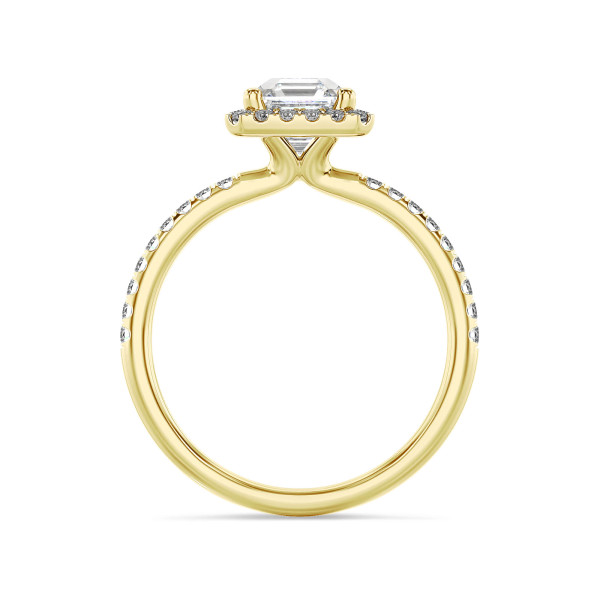 Ringe - 1.00 Karat Halo Solitärring mit asscher geschliffenem Labordiamant aus Gelbgold und runden laborgezüchteten Diamanten