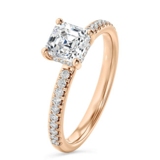 5.00 Karat Solitärring mit asscher geschliffenem Labordiamant und hidden halo aus Rotgold 