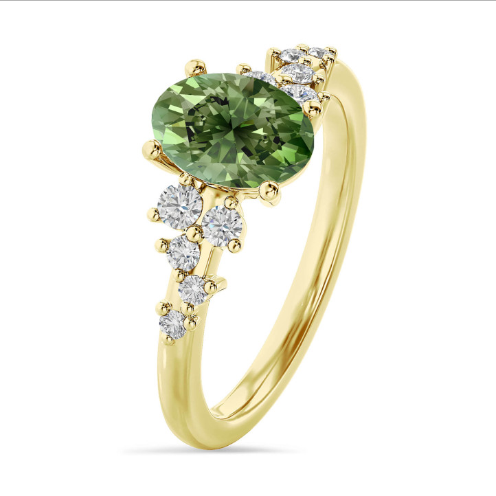 1.00 Karat Solitär-Cluster-Ring aus Gelbgold mit Fancy Vivid Green ovalem Labordiamanten