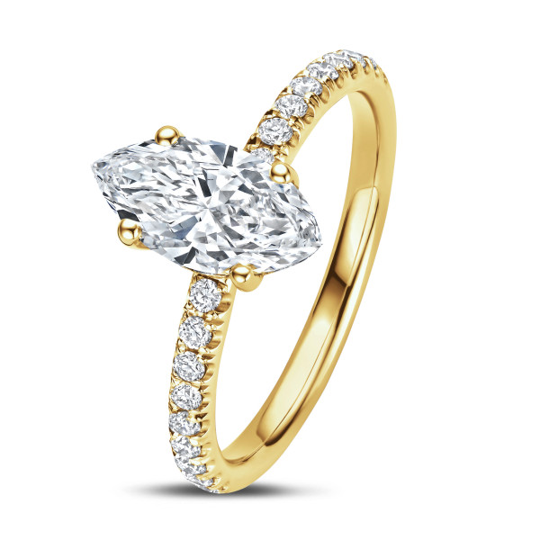 Verlobungsringe - 1.50 Karat Solitärring aus Gelbgold mit laborgezüchtetem Marquise-Diamant und hidden halo