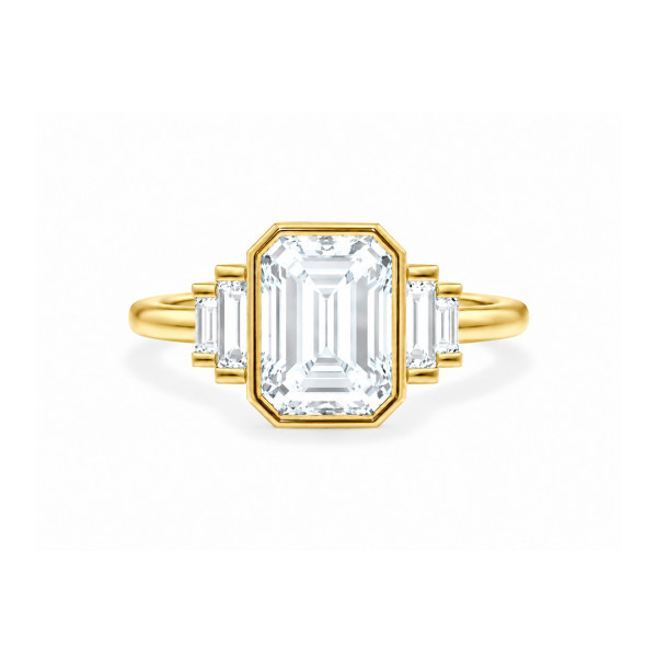 Maßgefertigter Trilogie-Ring mit einem eingefassten Samaragd-Diamanten und sich verjüngenden Seitensteinen