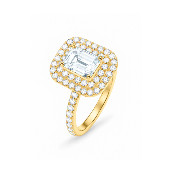 Maßgefertigter Ring mit einem Diamanten im Smaragdschliff und doppeltem Halo