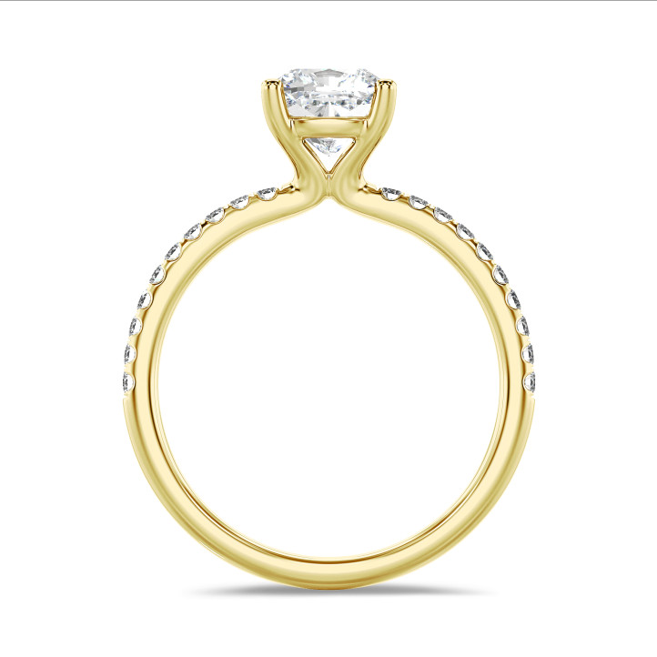 2.00 carat solitaire ring with a lab grown cushion diamond in yellow gold with lab grown side diamonds