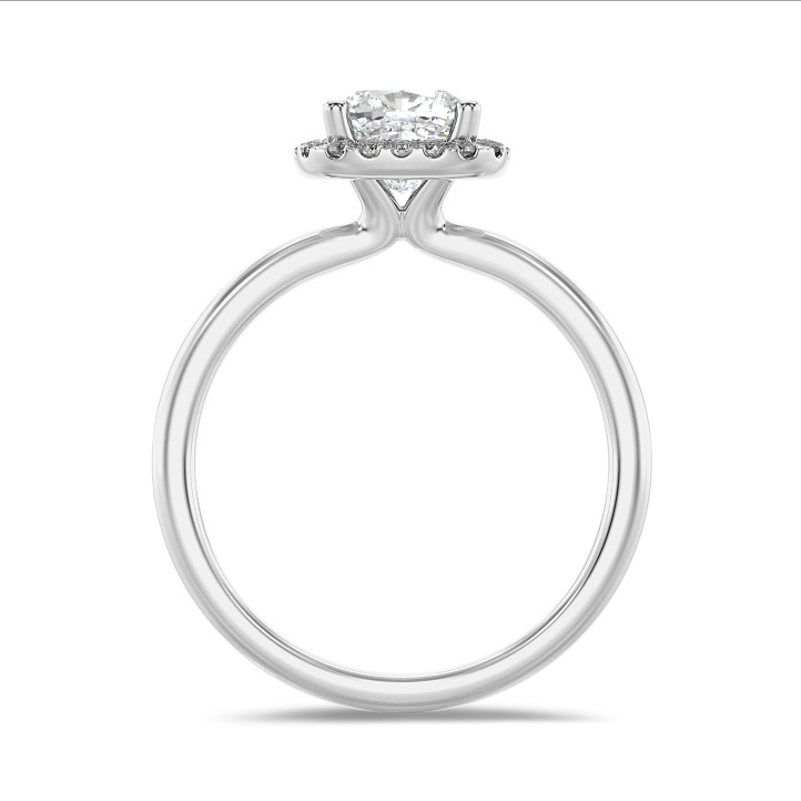 2.00 carat solitaire halo ring with a lab grown cushion diamond in white gold with round lab grown diamonds