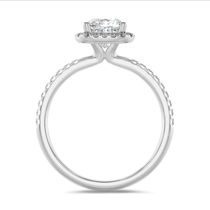 1.00 carat solitaire halo ring with a lab grown cushion diamond in white gold with round lab grown diamonds