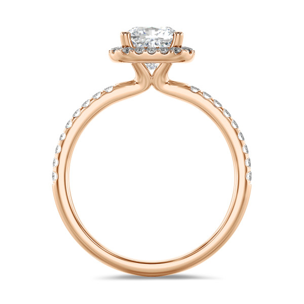 Engagement rings - 3.00 carat solitaire halo ring with a lab grown cushion diamond in red gold with round lab grown diamonds