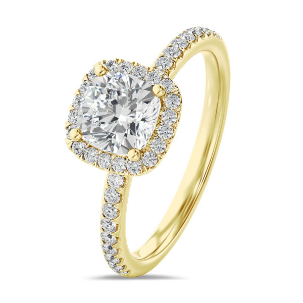 Engagement rings - 1.00 carat solitaire halo ring with a lab grown cushion diamond in yellow gold with round lab grown diamonds
