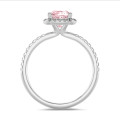 1.20 carat solitaire halo ring with a pink lab grown cushion diamond in white gold with round lab grown diamonds
