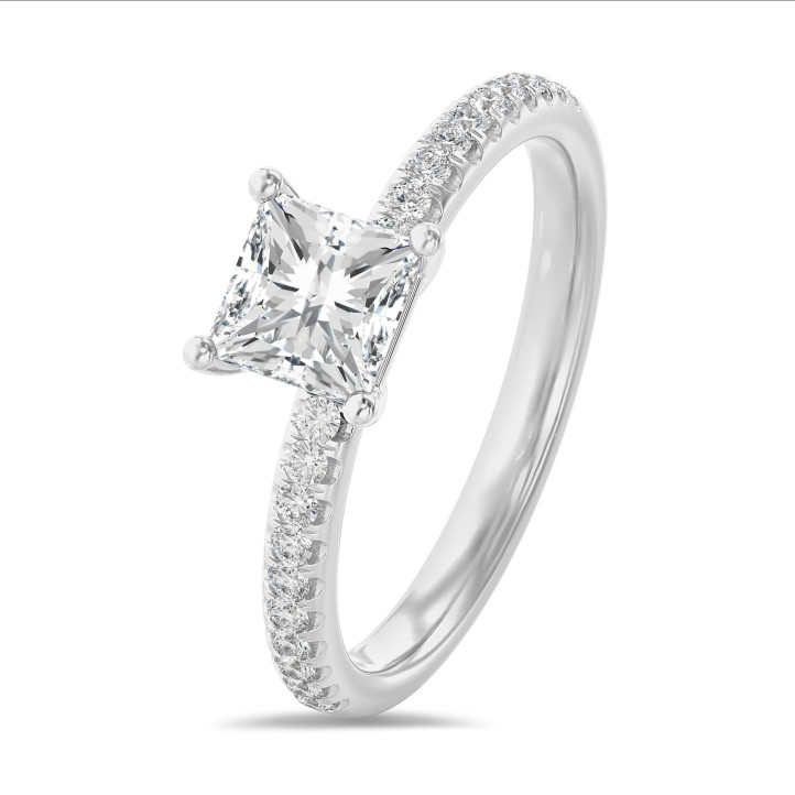 1.00 carat solitaire ring with a lab grown princess diamond in white gold with lab grown side diamonds