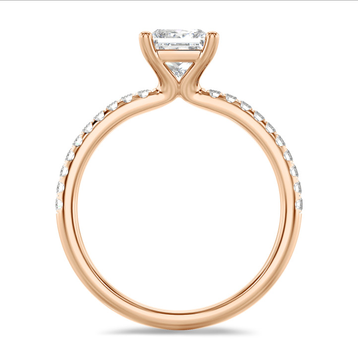 1.50 carat solitaire ring with a lab grown princess diamond in red gold with lab grown side diamonds