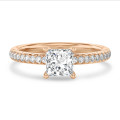 2.00 carat solitaire ring with a lab grown princess diamond in red gold with lab grown side diamonds