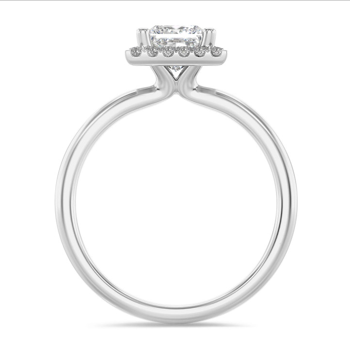 1.00 carat solitaire halo ring with a lab grown princess diamond in white gold with round lab grown diamonds