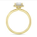 1.50 carat solitaire halo ring with a lab grown princess diamond in yellow gold with round lab grown diamonds