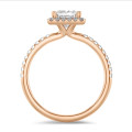 3.00 carat solitaire halo ring with a lab grown princess diamond in red gold with round lab grown diamonds