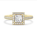 1.20 carat solitaire halo ring with a lab grown princess diamond in yellow gold with round lab grown diamonds