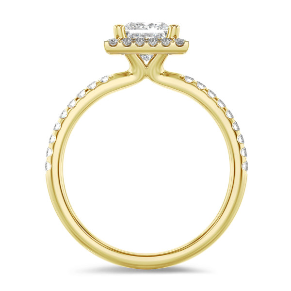 Rings - 1.50 carat solitaire halo ring with a lab grown princess diamond in yellow gold with round lab grown diamonds