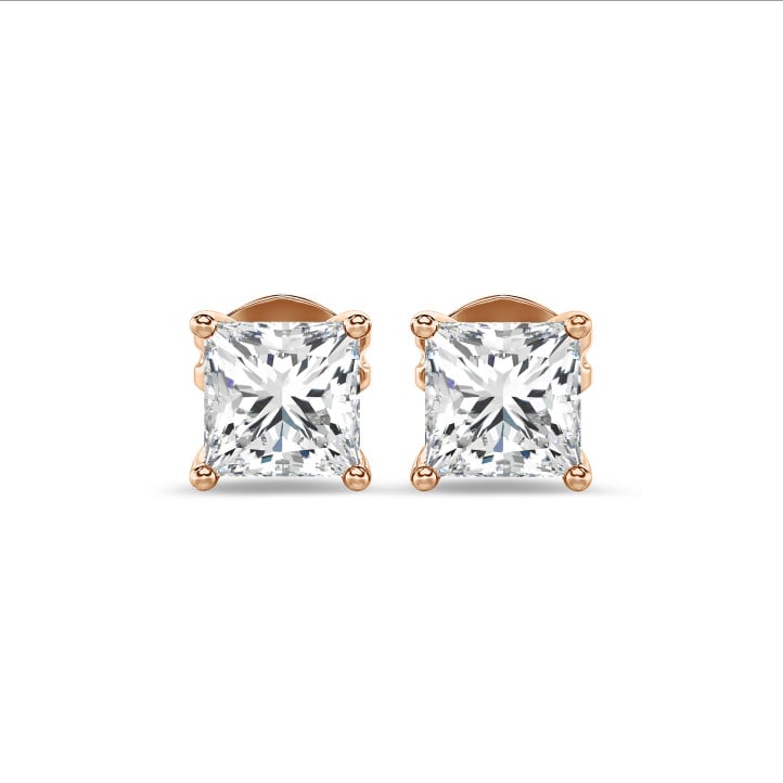 4.00 carat solitaire earrings in red gold with lab grown princess diamonds