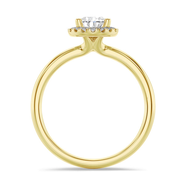 3.00 carat solitaire halo ring with lab grown pear diamond in yellow gold with round lab grown diamonds