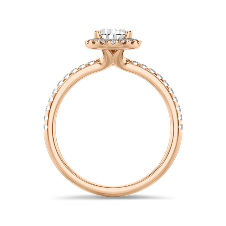 1.20 carat solitaire halo ring with lab grown pear diamond in red gold with round lab grown diamonds