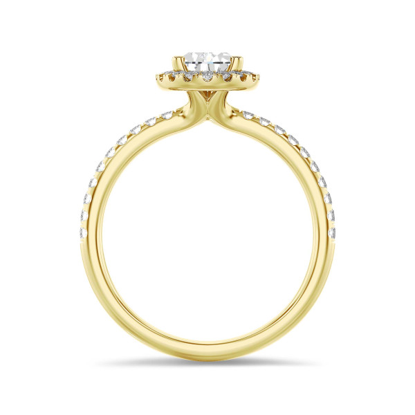 1.50 carat solitaire halo ring with lab grown pear diamond in yellow gold with round lab grown diamonds