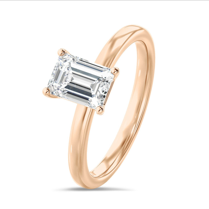 2.00 carat solitaire ring with a lab grown emerald cut diamond in red gold