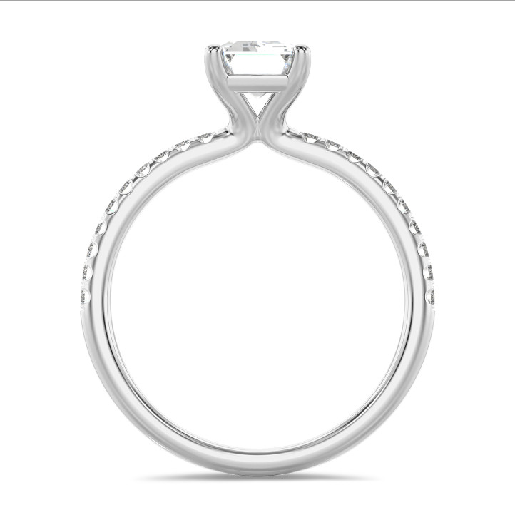 1.50 carat solitaire ring with a lab grown emerald cut diamond in white gold with lab grown side diamonds