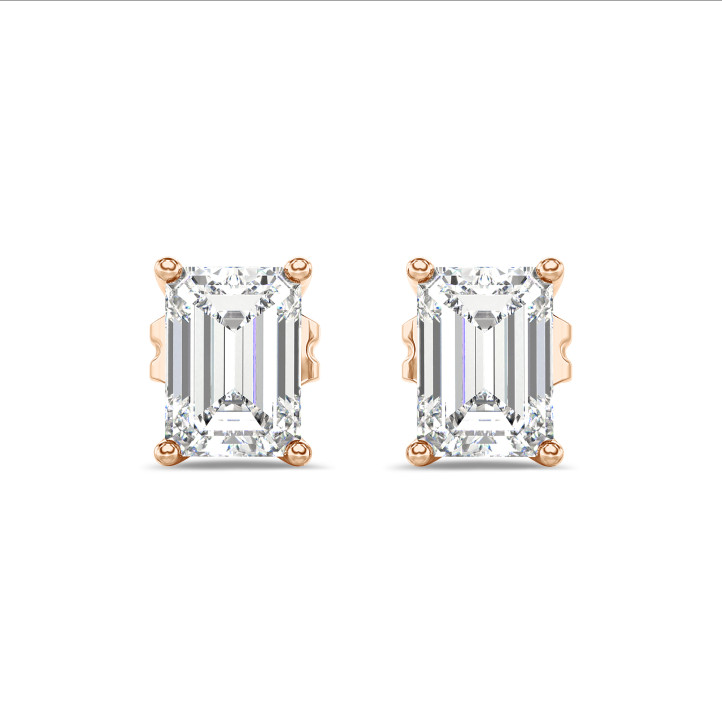 2.00 carat solitaire lab grown emerald cut diamond earrings in red gold