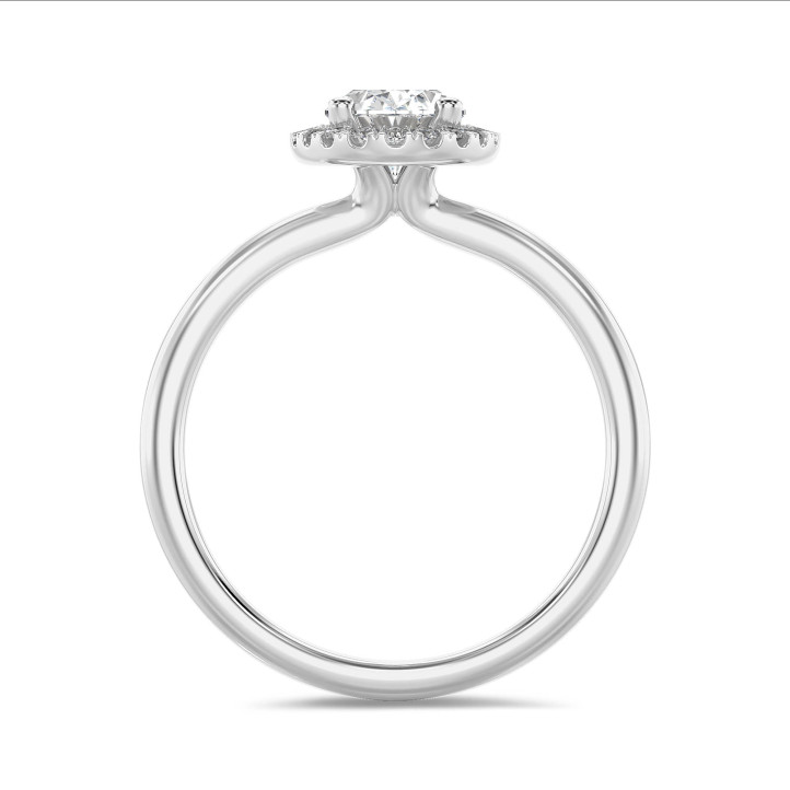 1.20 carat solitaire halo ring with lab grown oval diamond in white gold with round lab grown diamonds