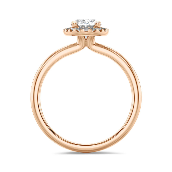 2.50 carat solitaire halo ring with lab grown oval diamond in red gold with round lab grown diamonds