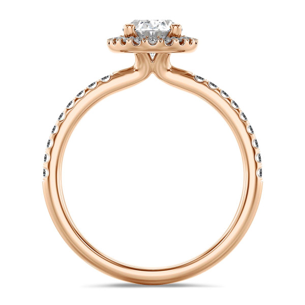 3.00 carat solitaire halo ring with lab grown oval diamond in red gold with round lab grown diamonds