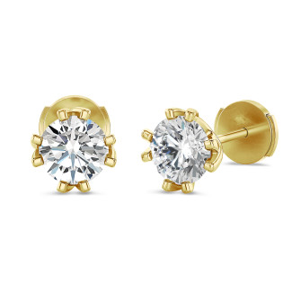 4.00 carat solitaire lab grown diamond earrings in yellow gold with eight prongs