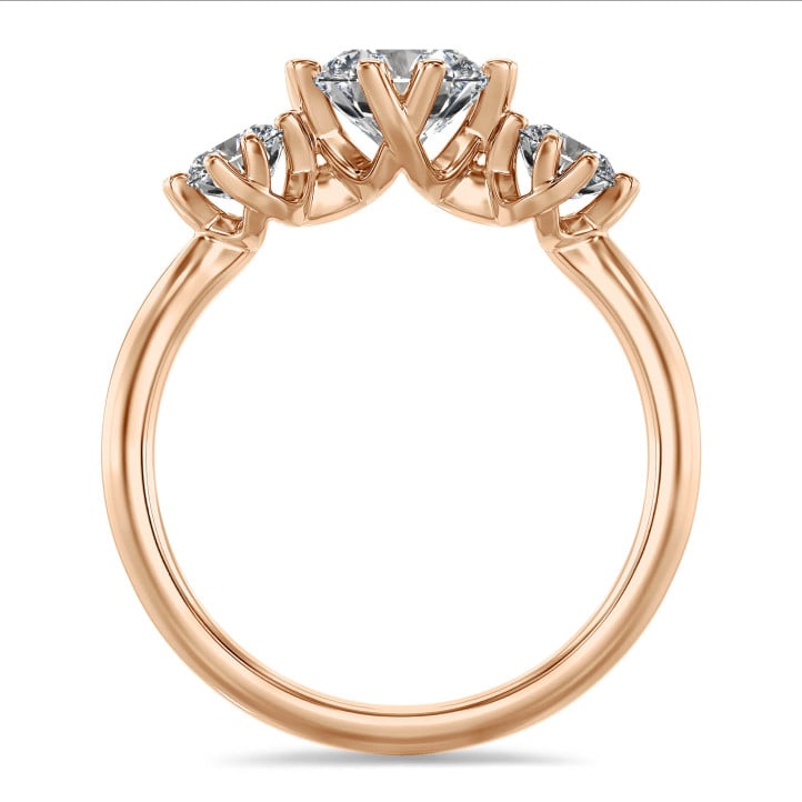 1.60 carat trilogy ring in red gold with round lab grown diamonds