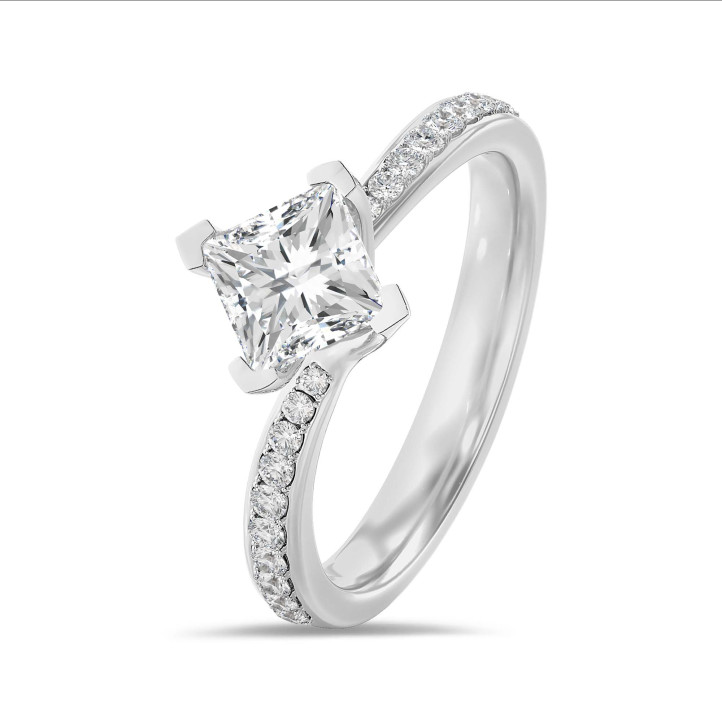 2.00 carat solitaire ring in platinum with lab grown princess diamond and lab grown side diamonds