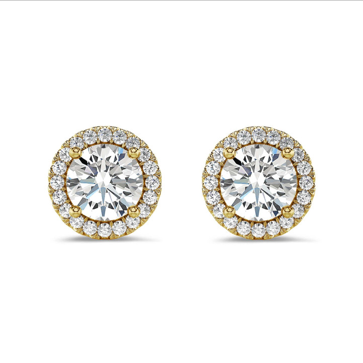 2.00 carat lab grown diamond halo earrings in yellow gold