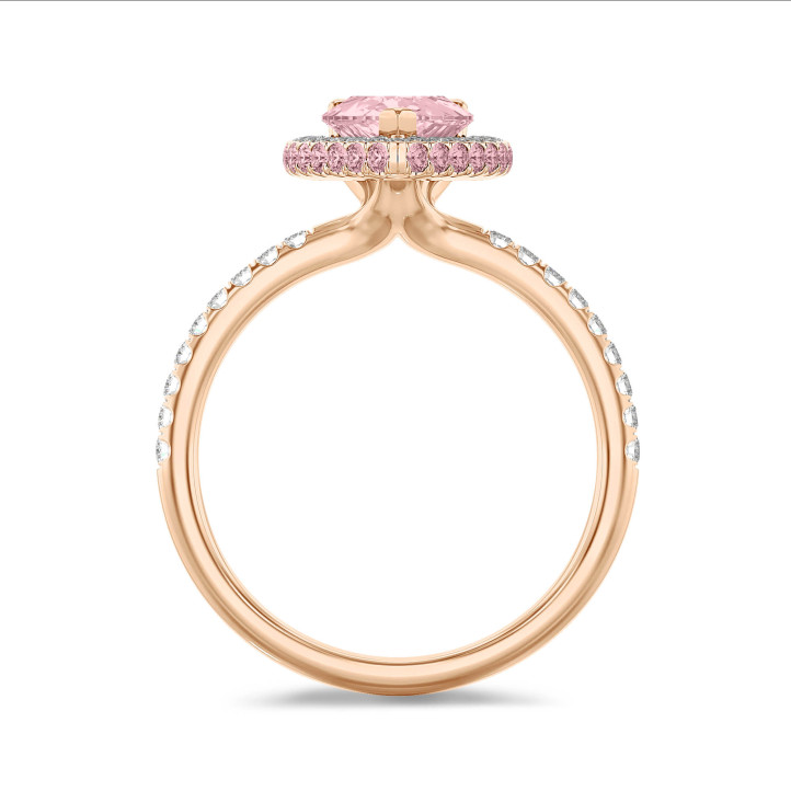 3.00 carat solitaire white halo ring with pink side halo and pink lab grown pear diamond and lab grown side diamonds in red gold