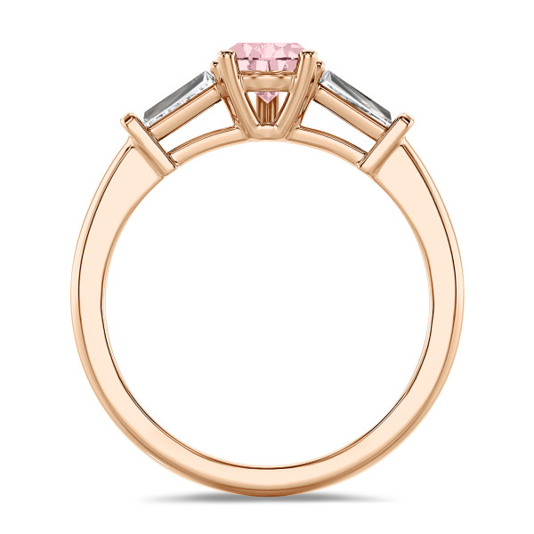 Rings - 1.00 carat trilogy ring in red gold with pink lab grown pear diamond and lab grown tapered baguettes