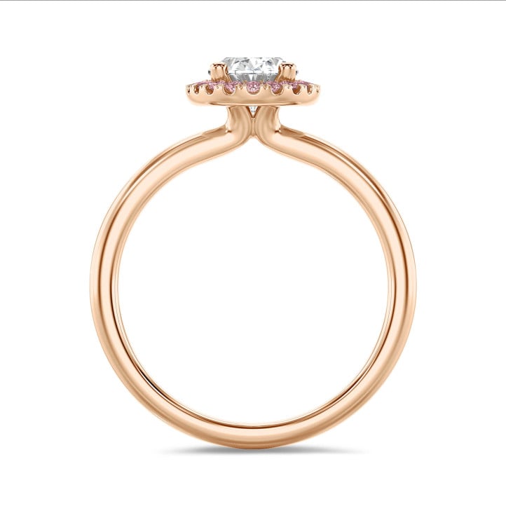 1.20 carat solitaire halo ring with lab grown oval diamond in red gold with round pink lab grown diamonds