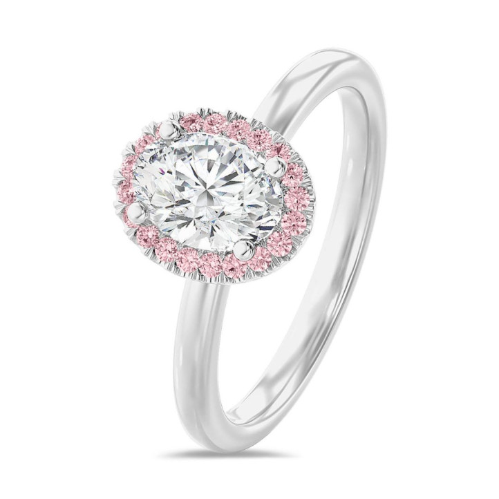 2.50 carat solitaire halo ring with lab grown oval diamond in red gold with round pink lab grown diamonds