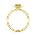 1.00 carat solitaire halo ring in yellow gold with yellow lab grown oval diamond and round lab grown diamonds