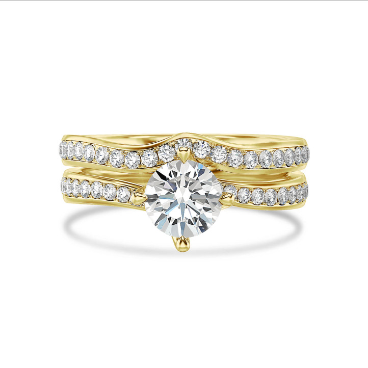 1.00 carat solitaire lab grow diamond ring in yellow gold with lab grown side diamonds