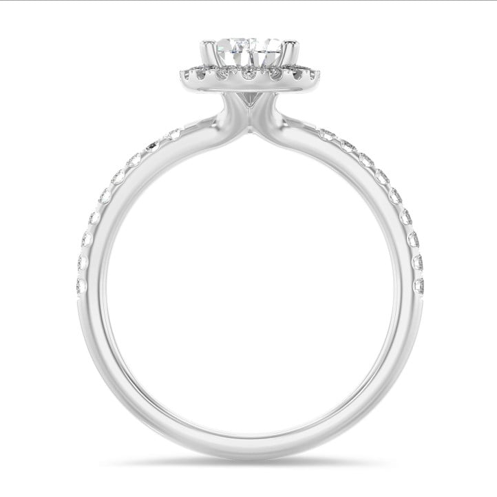 5.00 carat solitaire halo ring with lab grown pear diamond in white gold with round lab grown diamonds