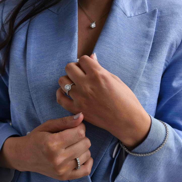 1.00 carat solitaire halo ring in white gold with round lab grown diamonds