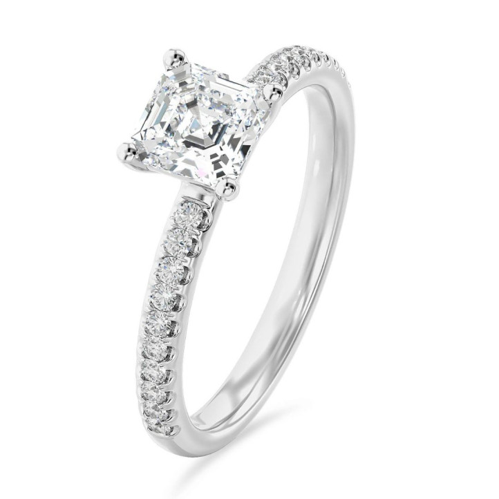 1.00 carat solitaire ring with a lab grown asscher cut diamond in white gold and lab grown side diamonds