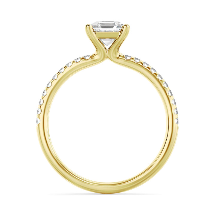2.00 carat solitaire ring with a lab grown asscher cut diamond in yellow gold and lab grown side diamonds